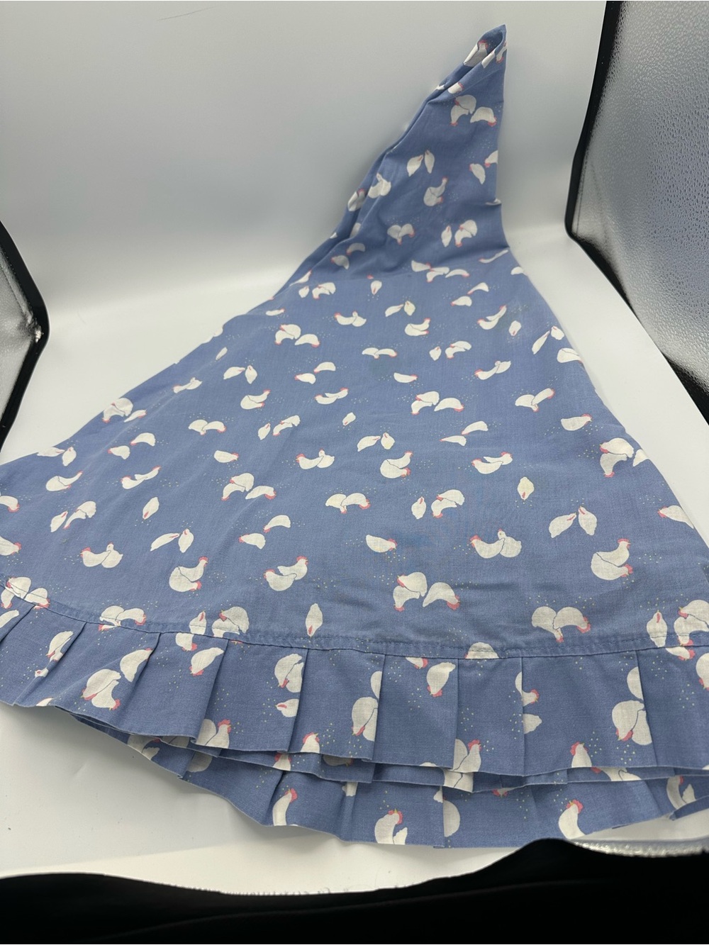 Vtg Round Tablecloth 66” Blue Chicken Patten Ruffle Handmade Cottage Core Farm